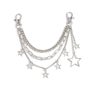 Detail of silver multi-layer bag chain with star pendants and lobster clasps