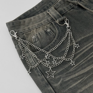 Three-layer silver metal pants chain with hollow stars on grey washed denim jeans