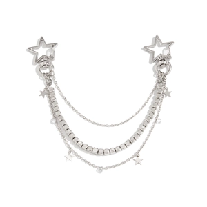 Silver multi-layer handbag chain with star charms and beads on white background