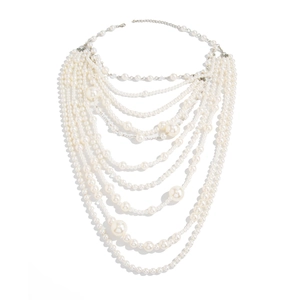 Detail of layered white imitation pearl necklace with silver lobster clasp and extender