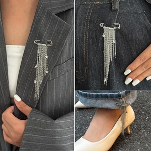 Broche Étoile à Pampilles Argent Design Épingle de Sûreté Chaîne Métal Ajusteur de Taille Pour Jeans Costume Femme Bijoux Punk