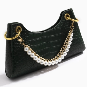 Dark green faux crocodile skin baguette bag with pearl chain and golden hardware ring