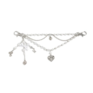 Y2K pearl bag charm with silver metallic heart, bow and strawberry pendants