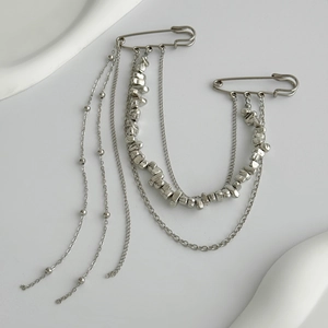 Silver punk style double brooch pin with multi-layer tassel chains for suit accessories
