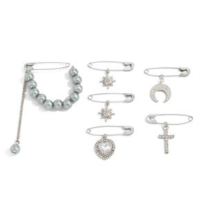 6-piece silver safety pin brooch set with grey pearls, cross, and heart charms