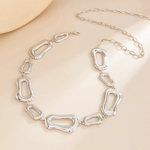 Polished silver irregular geometric link chain necklace with lobster clasp for women