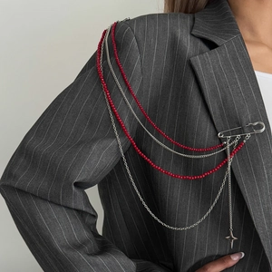 Punk hip-hop long multi-layer tassel brooch with red beads and silver star pin on suit