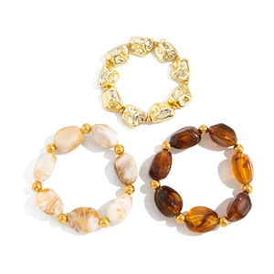 Three-piece set of retro beaded elastic bracelets with gold CCB and resin marble beads