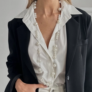 Elegante Imitatie Kunstparel Ketting Voor Vrouwen Lange Koperen Ketting Witte Ronde Faux Kunstparel Trui Ketting Sieraden Cadeau