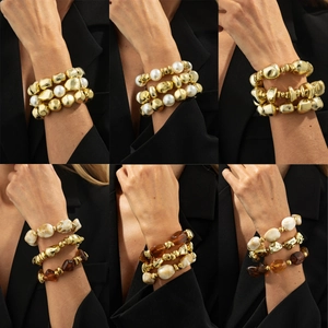 Bohemian Retro Bracelet Resin Metallic Coated Beads Irregular Marble Pattern Amber Multi Layer Elastic Jewelry For Women