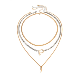 Detailed layered necklace set featuring snake chain, U-shaped buckle, and bolt pendant
