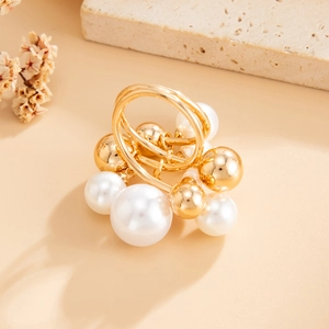 Chic gold-plated double-band ring featuring faux pearl and polished CCB bead charms