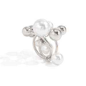 Close-up of geometric cluster ring featuring polished silver beads and elegant pearls