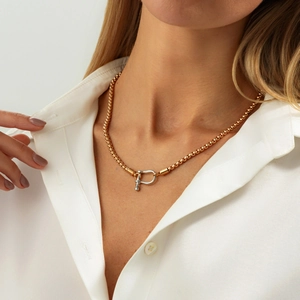Close-up of gold and silver mixed-metal necklace on model wearing a white shirt