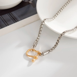 Close-up of silver box chain necklace with gold and silver U-shaped horseshoe buckle