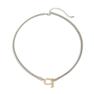 Close-up of dual-tone box chain featuring a gold U-shaped buckle and lobster clasp