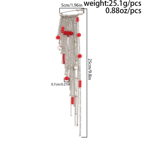 Détails des dimensions et du poids de la broche à franges argentée avec perles rouges
