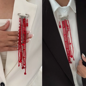 Chic hip hop style brooch with red crystal beads and long silver fringe chain tassels