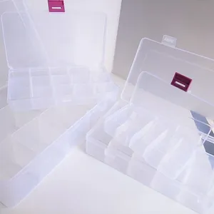 Macro detail of transparent plastic organizer box with pink latches and compartments