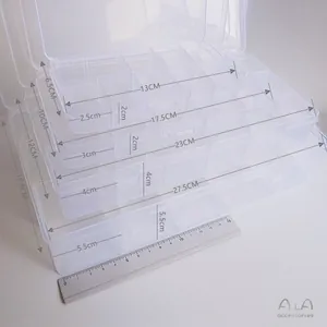 Detailed size chart showing dimensions for four transparent plastic grid storage boxes
