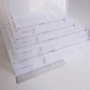 Clear plastic storage boxes with adjustable compartments in four assorted sizes with dimensions