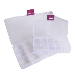 Clear plastic organizer box with adjustable dividers and pink latches for storage