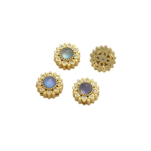 Matte gold sunflower spacer beads with blue cat eye stone and micro-pave crystals