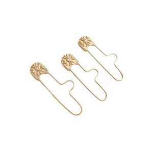 Three 14K gold-filled safety pins featuring vintage engraved cross patterns