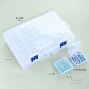 Detailed view of clear plastic storage case with small inner boxes for beads and jewelry