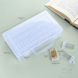 Macro view of clear plastic 56-grid storage box for beads and jewelry parts