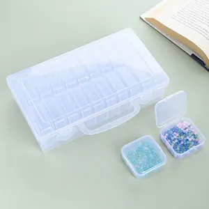 Clear plastic storage box with multiple compartments and handle for jewelry beads