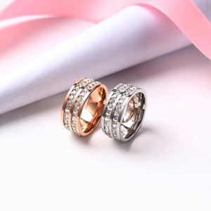 Anelli in acciaio inossidabile a doppia fila di diamanti quadrati in oro rosa e argento