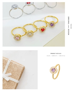 Detail of elegant halo rings with colorful cubic zirconia and micro-pave crystals