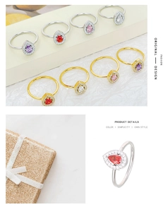 Detailed macro view showing teardrop zircon rings in multiple colors with halo setting