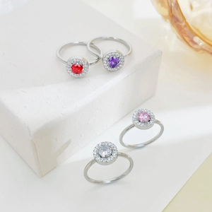 Sparkling silver rings with colorful zircon centers in red, purple, pink and white