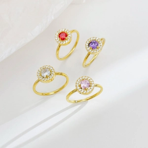 Elegant gold-plated rings with colorful halo zircon stones in red, pink, and purple
