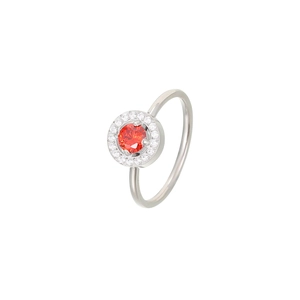 Elegant silver ring featuring a round orange-red gemstone with a sparkling zircon halo