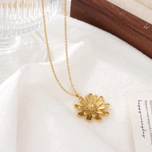 Elegant gold titanium sunflower pendant necklace with a delicate chain for women
