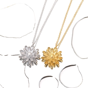 Titanium steel sunflower necklaces in gold and silver finish shown on white background