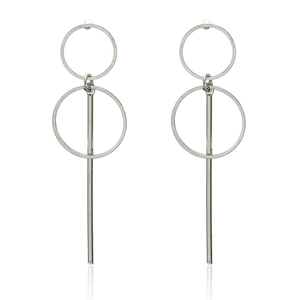 Minimalist silver geometric earrings with layered circles and long vertical drop bars