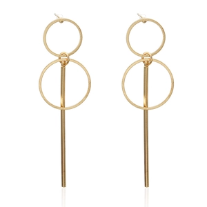 Minimalist gold geometric dangle earrings with interlocking circles and a long metal bar