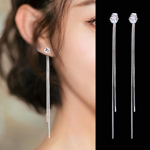 Long silver tassel earrings with sparkling round zircon crystals for elegant women
