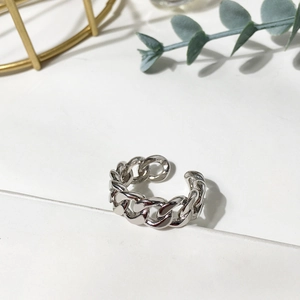 Minimalist silver cuban link chain open ring with adjustable design in 45-degree view
