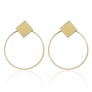 Vintage geometric gold earrings featuring a square stud and large polished circular hoop