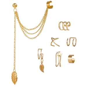 7-piece gold ear cuff set featuring leaf charms, star designs, and chain drop earrings