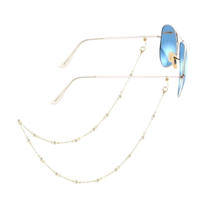 Lunettes aviateur bleues avec chaîne décorative dorée ornée de perles blanches