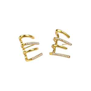 Elegant gold-finished four-tier layered stud earrings featuring micro-paved white zircons