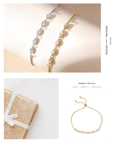 Detalle de pulsera ajustable con circonitas en oro y plata con cierre de cordón
