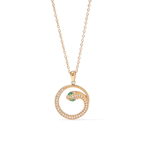 Luxe gouden slangenhanger ketting met witte kristallen en groene edelsteen ogen