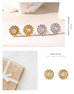 Detail of daisy stud earrings with ripple texture petals and clear zircon center